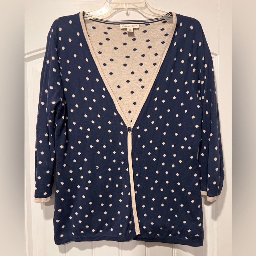 Coldwater Creek Navy and Cream Polka Dot Cardigan